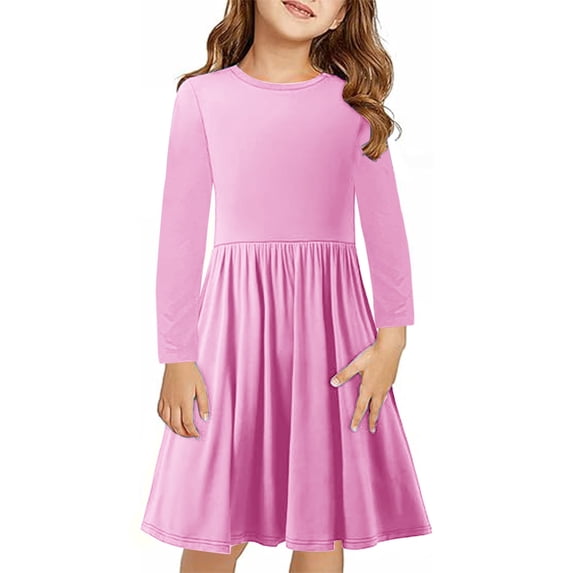 BLTIBY Girls Everyday Dress Long Sleeve Round Neck Toddler Solid Color Fall Spring A-Line Flowy Swing Pleated Dresses Pink 9-10 Years