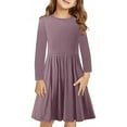 thumbnail image 1 of BLTIBY Girls Everyday Dress Long Sleeve Round Neck Toddler Solid Color Fall Spring A-Line Flowy Swing Pleated Dresses Purple 13-14 Years, 1 of 9