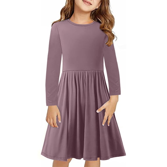 BLTIBY Girls Everyday Dress Long Sleeve Round Neck Toddler Solid Color Fall Spring A-Line Flowy Swing Pleated Dresses Purple 13-14 Years