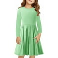 thumbnail image 1 of BLTIBY Girls Everyday Dress Long Sleeve Round Neck Toddler Solid Color Fall Spring Flowy Swing Pleated Dresses Green 11-12 Years, 1 of 9