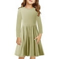 thumbnail image 1 of BLTIBY Girls Everyday Dress Long Sleeve Round Neck Toddler Solid Color Fall Spring Flowy Swing Pleated Dresses Khaki 4-5 Years, 1 of 9