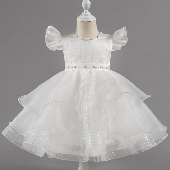 BLTIBY Girls Flower Sequin Tulle Dress Cute Ruffle Toddler Wedding Princess Party Birthday Pageant Prom Dresses White 4-5 Years