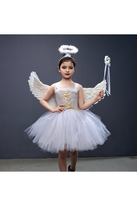 Girls Halloween Angel Tulle Dress Mesh Sleeveless Strap Costume Outfits with Feather Angel Wings White 4-5 Years
