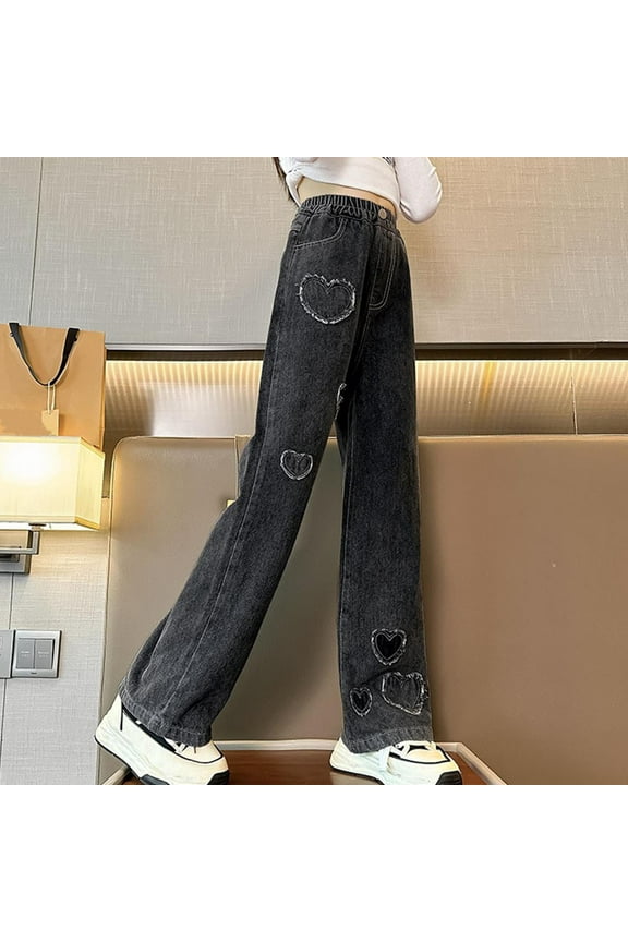 Girls Jeans Elastic Waist Wide Loose Casual Baggy Denim Pant Toddler Lightweight Fashion Comfy Streetwear Trousers with Pockets Black 11-12 Years