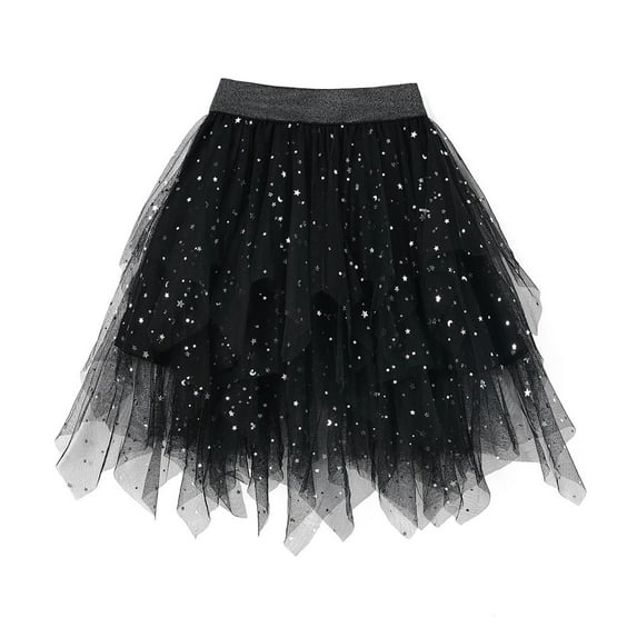 BLTIBY Girls Lace Tutu Skirt Elastic Waist Layered Tulle Sequin Irregular Ballet Dance Skirts for Toddler Kids Children Black 7-8 Years