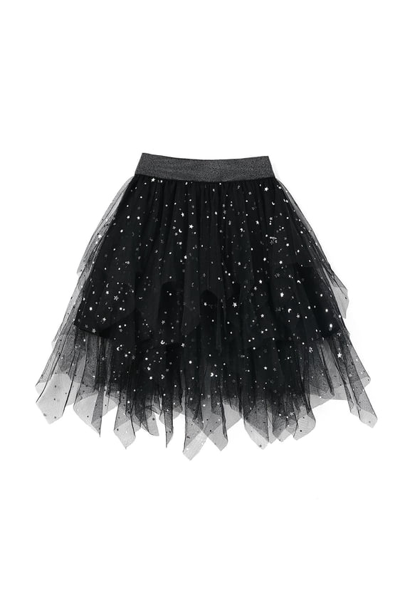 Girls Lace Tutu Skirt Elastic Waist Layered Tulle Sequin Irregular Ballet Dance Skirts for Toddler Kids Children Black 9-10 Years