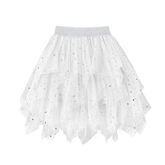 BLTIBY Girls Lace Tutu Skirt Elastic Waist Layered Tulle Sequin Irregular Ballet Dance Skirts for Toddler Kids Children White 13-14 Years