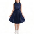 thumbnail image 1 of BLTIBY Girls Lapel Sleeveless Dress Pleated Midi A-Line Formal Party Casual Button School Dress with Pockets Blue 11-12 Years, 1 of 9