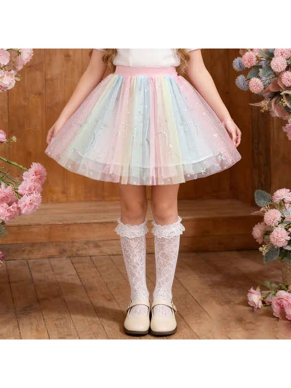 Girls Layered A-Line Tutu Skirts Versatile Puffy Tulle Skirt Cute Rainbow Color Ballet Dance Skorts White 9-10 Years