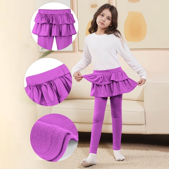 BLTIBY Girls Leggings Ruffle Skirt School Uniform Pants Relaxed Fit Cute Pants Kids Stretch Warm Preppy Legging Skirts Purple 9-10 Years