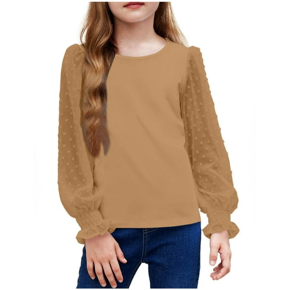 BLTIBY Girls Long Sleeve Shirts Spring Fall Chiffon Solid Color Blouses Dot Frill Neck Casual Loose Cute Top Tee Khaki 4-5 Years