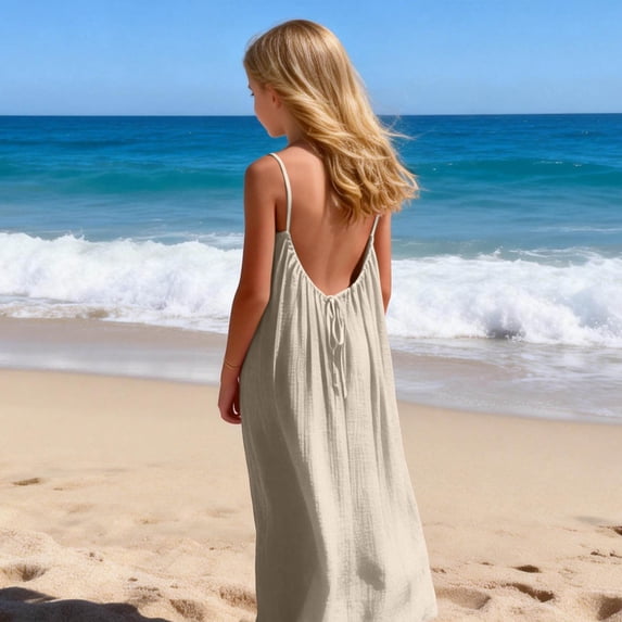BLTIBY Girls Maxi Dresses Backless Cami Casual Lightweight Solid Color Beach Dress Beige 13-14 Years