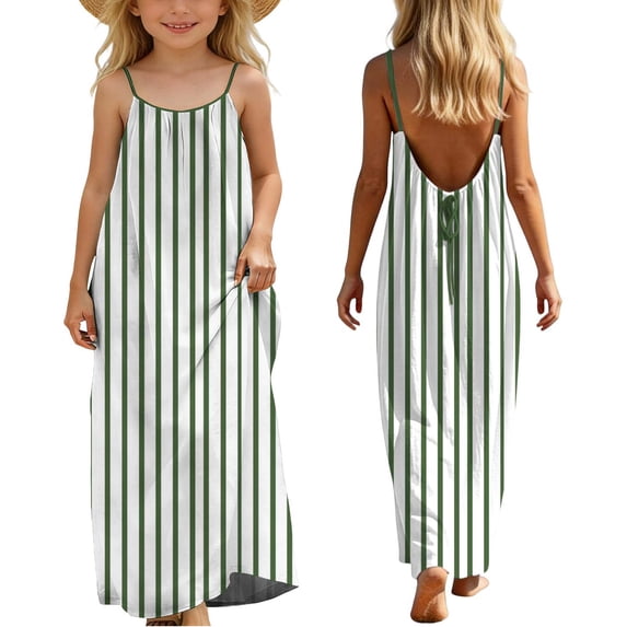 BLTIBY Girls Maxi Dresses Backless Cami Striped Printed Casual Lightweight Beach Dress Green 2 9-10 Years