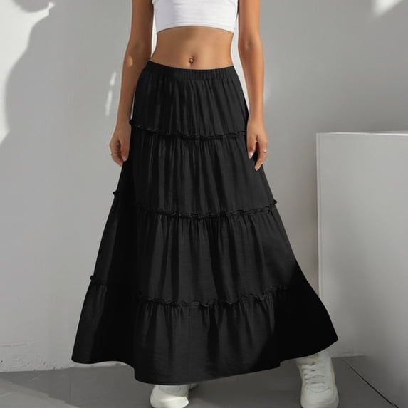 BLTIBY Girls Maxi Skirts 2026 Summer Casual Elastic High Waist A-Line Boho Skirt Beach Vacation Outfits Black 10-11Years