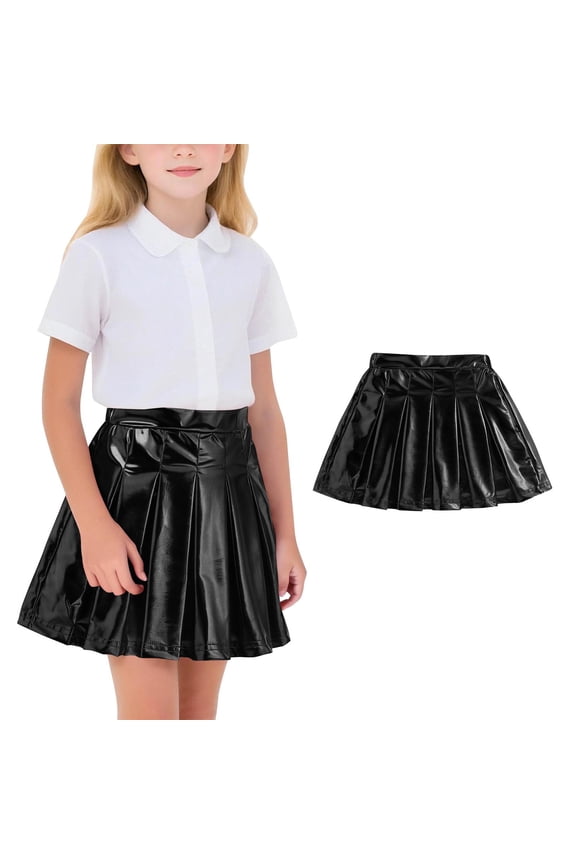 Girls Metallic Pleated Skirt Shiny Glitter A-Line Mini Skirt for Cheerleading Party Concert Black 14-15 Years