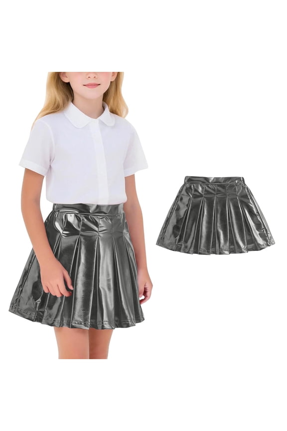 Girls Metallic Pleated Skirt Shiny Glitter A-Line Mini Skirt for Cheerleading Party Concert Gray 12-13Years