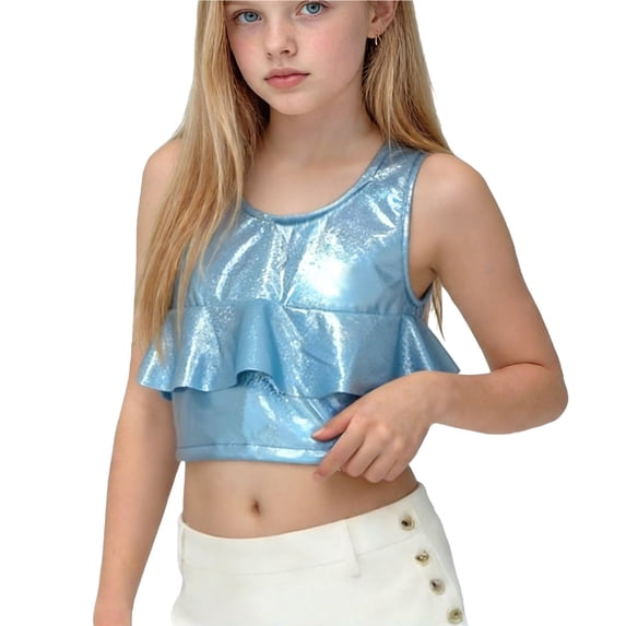 BLTIBY Girls Metallic Shiny Tank Top Sleeveless Sparkly Crop Tops Ruffle Glitter Disco Party Hip Hop Dance T-Shirt