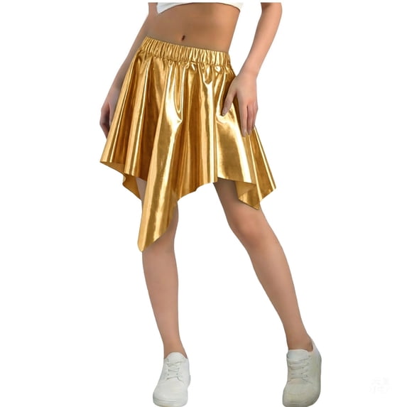 BLTIBY Girls Metallic Skirt Asymmetrical Ruffle Hem High Waisted Mini Skirts Sparkly Party Dance Y2K Rave Outfits Gold 11-12Years