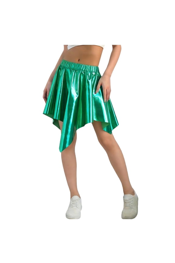 Girls Metallic Skirt Asymmetrical Ruffle Hem High Waisted Mini Skirts Sparkly Party Dance Y2K Rave Outfits Green 11-12Years
