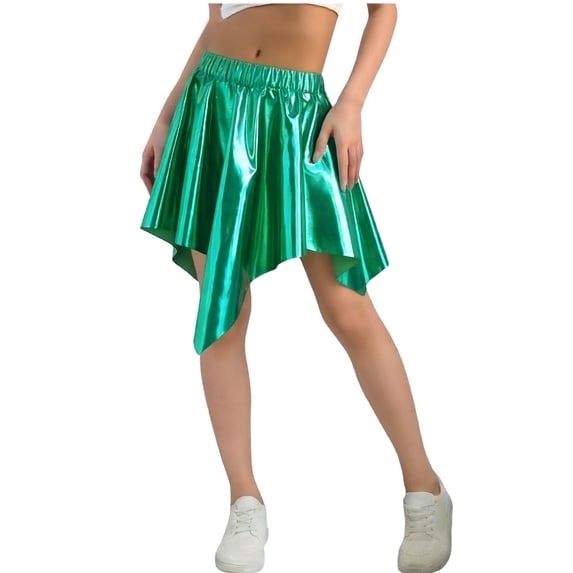 BLTIBY Girls Metallic Skirt Asymmetrical Ruffle Hem High Waisted Mini Skirts Sparkly Party Dance Y2K Rave Outfits Green 7-8Years