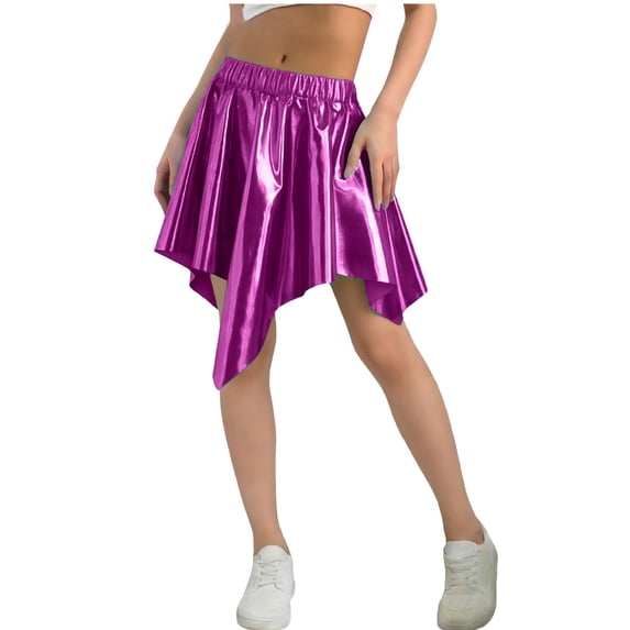 BLTIBY Girls Metallic Skirt Asymmetrical Ruffle Hem High Waisted Mini Skirts Sparkly Party Dance Y2K Rave Outfits Purple 9-10Years