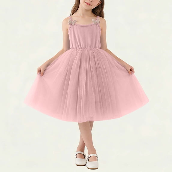 BLTIBY Girls Midi Tulle Dresses Cami Spaghetti Strap 3D Butterflies Sleeveless Tutu Dress Summer Birthday Party Gowns Pink 7-8 Years
