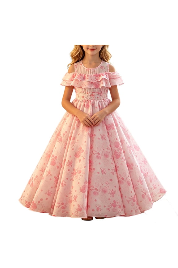 Girls Off Shoulder Pageant Dress Sleeveless Ruffle Flower Girl Floral Wedding Party Prom Evening Princess Maxi Dresses Pink 9-10Years