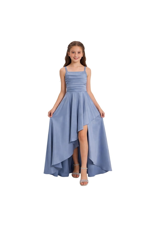 Girls Party Dress Satin Sleeveless High Low Maxi Dresses Ruched High Waisted Elegant Birthday Pageant Gown Blue 2 7-8 Years
