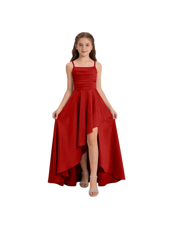 Girls Party Dress Satin Sleeveless High Low Maxi Dresses Ruched High Waisted Elegant Birthday Pageant Gown Red 9-10 Years
