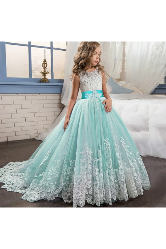 Girls Princess Long Pageant Dresses Kids Prom Puffy Tulle Ball Gown Sleeveless Round Neck A-Lined Dress Blue 2 6-7Years