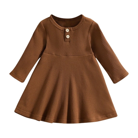 BLTIBY Girls Ribbed Knit Cotton Dress Long Sleeve Round Neck Slim Fit Button Down Dresses Fashionable Casual Outfit Brown 6-12 Months