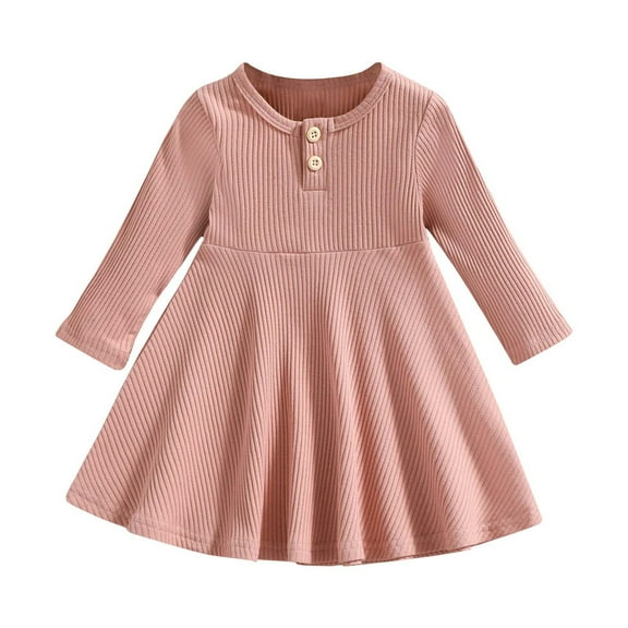 BLTIBY Girls Ribbed Knit Cotton Dress Long Sleeve Round Neck Slim Fit Button Down Dresses Fashionable Casual Outfit Pink 2-3 Years