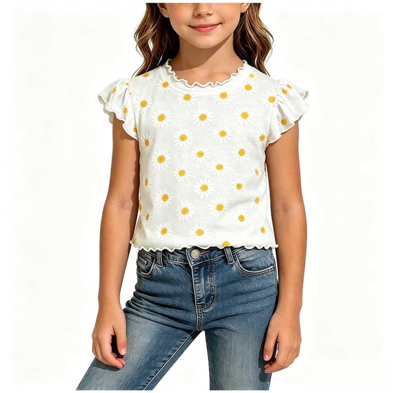 BLTIBY Girls Ruffle Sleeve Tops Crew Neck Printed T-Shirts Summer Comfy Tee Shirts Basic Tshirts for Kids White 7-10 Years