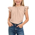 thumbnail image 1 of BLTIBY Girls Ruffle Sleeve Tops Pleated Crew Neck T-Shirts Summer Comfy Tee Shirts Solid Color Basic Tshirts for Kids Khaki 7-8 Years, 1 of 9