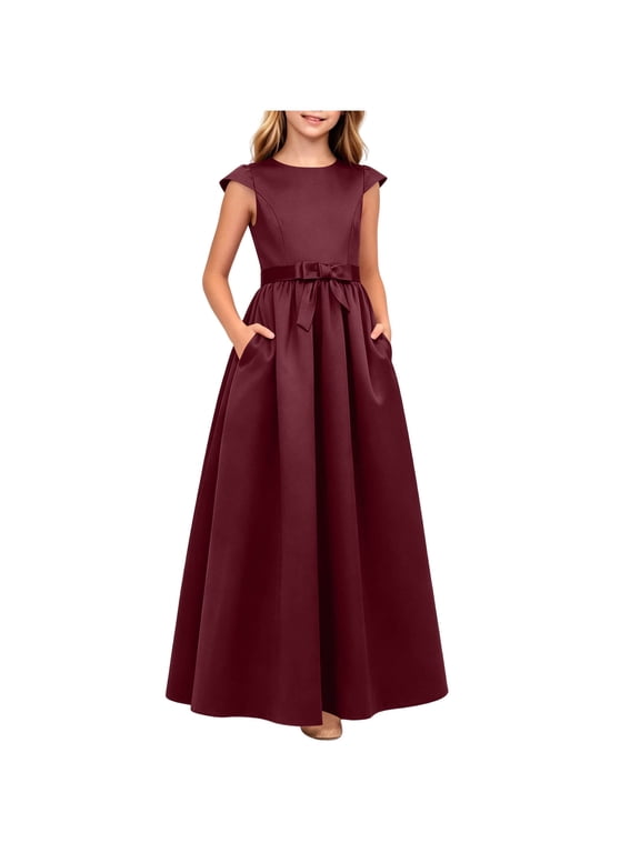 Girls Satin Formal Dress with Pockets Sleeveless Evening Party Prom Maxi Dress Ball Gowns with Bow Belt Red 0-1Years