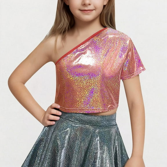 BLTIBY Girls Sequin T Shirts Solid Color Summer Short Sleeve One Shoulder Dance Costume Kids Performance Outfit with Exposed Waist and Navel Top Red 9-10 Years