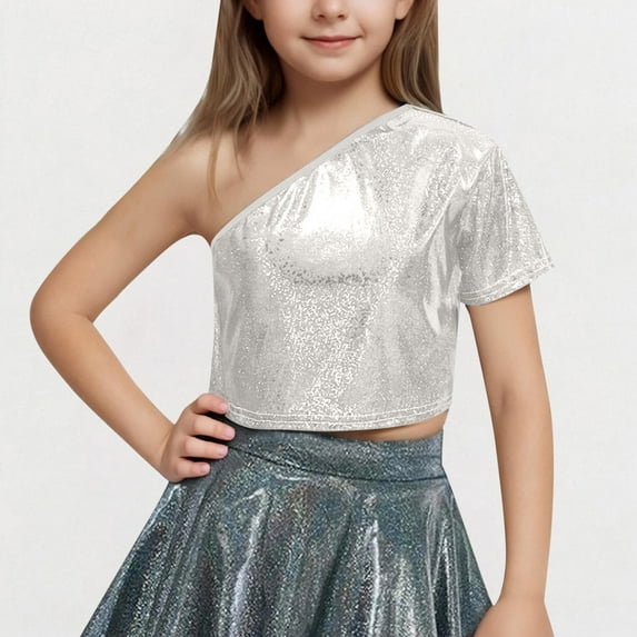 BLTIBY Girls Sequin T Shirts Solid Color Summer Short Sleeve One Shoulder Dance Costume Kids Performance Outfit with Exposed Waist and Navel Top Silver 11-12 Years