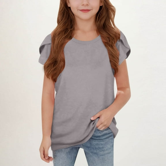 BLTIBY Girls Short Sleeve Shirts Summer Cute Solid Color Round Neck Pod Sleeve Pleated Blouse Fashion Comfortbale Tops Gray 14-15 Years