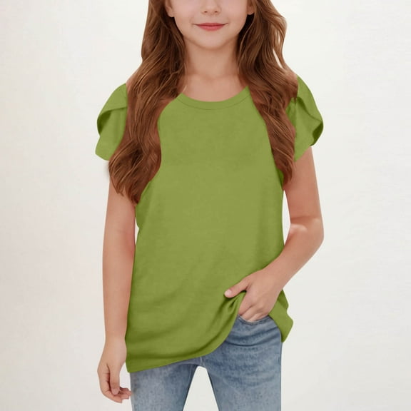 BLTIBY Girls Short Sleeve Shirts Summer Cute Solid Color Round Neck Pod Sleeve Pleated Blouse Fashion Comfortbale Tops Green 7-8 Years