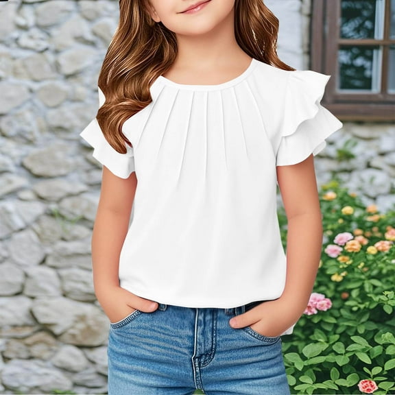 BLTIBY Girls Short Sleeve Shirts Summer Cute Solid Color Round Neck Ruffle Flying Sleeve Pleated Blouse Fashion Comfortbale Tops White 9-10 Years