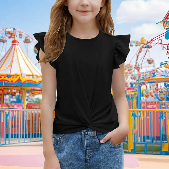BLTIBY Girls Short Sleeve Shirts Twist Front Summer Cute Solid Color Round Neck Flying Sleeve Blouse Fashion Comfortbale Tops Black 5-6 Years
