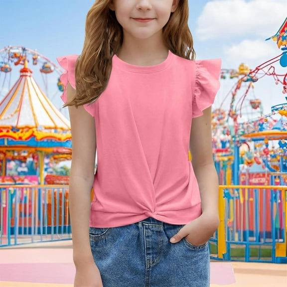 BLTIBY Girls Short Sleeve Shirts Twist Front Summer Cute Solid Color Round Neck Flying Sleeve Blouse Fashion Comfortbale Tops Pink 9-10 Years