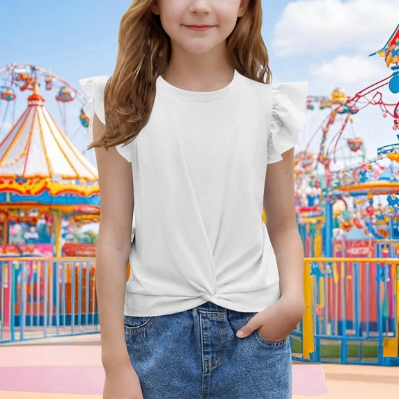 BLTIBY Girls Short Sleeve Shirts Twist Front Summer Cute Solid Color Round Neck Flying Sleeve Blouse Fashion Comfortbale Tops White 11-12Years