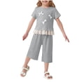 thumbnail image 1 of BLTIBY Girls Summer 2 Piece Outfits Cute Bows Ruffle Ribbed Short Sleeves Tops and Wide Leg Capri Pants Clothing Sets Gray 4-5 Years, 1 of 6