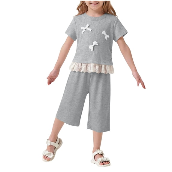 BLTIBY Girls Summer 2 Piece Outfits Cute Bows Ruffle Ribbed Short Sleeves Tops and Wide Leg Capri Pants Clothing Sets Gray 4-5 Years