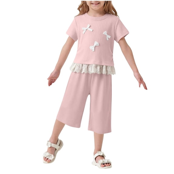 BLTIBY Girls Summer 2 Piece Outfits Cute Bows Ruffle Ribbed Short Sleeves Tops and Wide Leg Capri Pants Clothing Sets Pink 4-5 Years