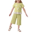 thumbnail image 1 of BLTIBY Girls Summer 2 Piece Outfits Cute Bows Ruffle Ribbed Short Sleeves Tops and Wide Leg Capri Pants Clothing Sets Yellow 6-7 Years, 1 of 6