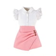 thumbnail image 1 of BLTIBY Girls Summer 2 Piece Outfits Lapel Lace Flying Sleeve Button Down Shirts and Asymmetrical Skirt-Pants Sets Pink 1-2Years, 1 of 9