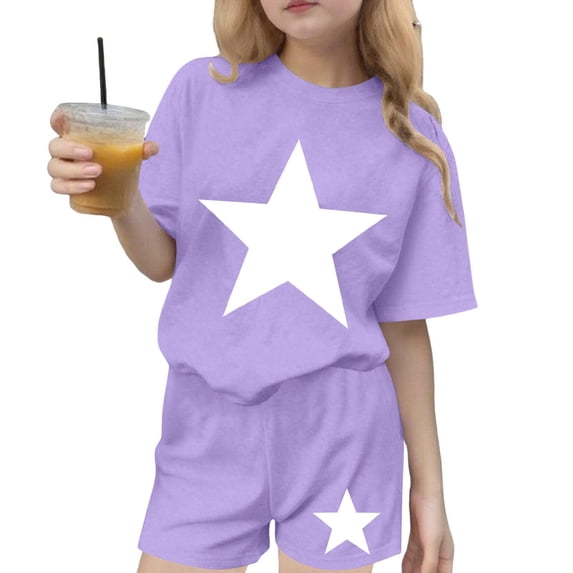 BLTIBY Girls Summer 2 Piece Outfits Printed Short Sleeve T Shirts Top with Shorts Casual Fashion Sports Sets Purple 13-14Years