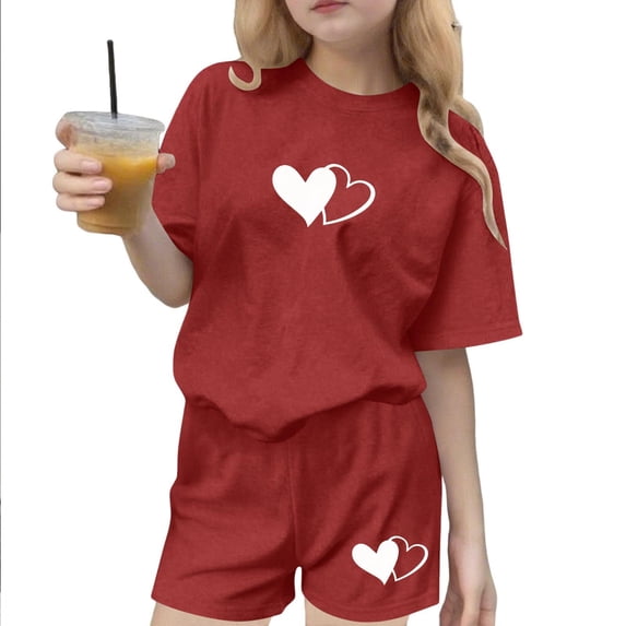 BLTIBY Girls Summer 2 Piece Outfits Printed Short Sleeve T Shirts Tops with Shorts Casual Fashion Sports Sets Red 7-8Years